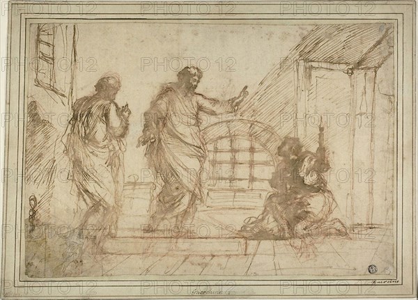 Saint Paul and the Jailer, n.d., Unknown Artist, Italian, 17th century, Italy, Pen and brown ink, with brush and brown wash and red chalk, on ivory laid paper, laid down on ivory laid card, 287 x 415 mm