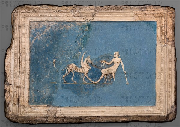 Relief Fragments Depicting a Seated Woman and a Griffin, Early 1st century AD, Roman, Italy, Stucco, pigment, and gold, 37.7 × 55.5 cm (14 7/8 × 21 7/8 in.)