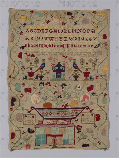 Sampler, 1852, Elisha Ryan (Irish, born 1837/38), Ireland, Ireland, Cotton, plain weave, cutwork embroidered with wool in overcast stitch, embroidered with silk and wool in cross, long-armed cross, outline, satin and stem stitches, 62.9 × 44.5 cm (24 3/4 × 17 1/2 in.)