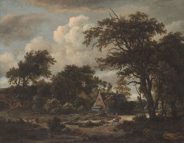 Wooded Landscape with Cottage and Horseman, 1663, Meindert Hobbema, Dutch, 1638-1709, Netherlands, Oil on canvas, 101.9 × 131.4 cm (40 1/8 × 51 3/4 in.)