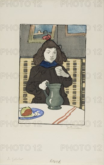 Little Girl with Pot, 1890, Louis Auguste Lepère, French, 1849-1918, France, Woodcut in eighteen colors from eight blocks on cream laid paper, 187 × 124 mm (image), 307 × 197 mm (sheet)