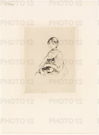 Young Girl with a Cat, 1889, Berthe Morisot (French, 1841-1895), printed by Ernest Rouart (French, 1874-1942), France, Drypoint in black on cream laid paper, 138 × 107 mm (image), 150 × 120 mm (plate), 272 × 201 mm (sheet)