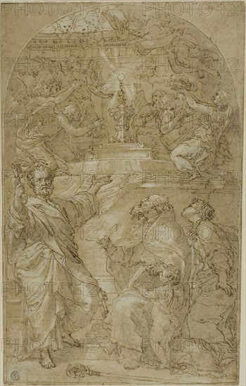 Saint Peter, Saint Augustine and a Female Saint in Adoration of the Eucharist, n.d., Unknown Artist, Italian, 17th century, Italy, Pen and brown ink, with brush and brown wash, heightened with white gouache, over black chalk, on blue gray laid paper, laid down on cream laid paper, 402 x 255 mm
