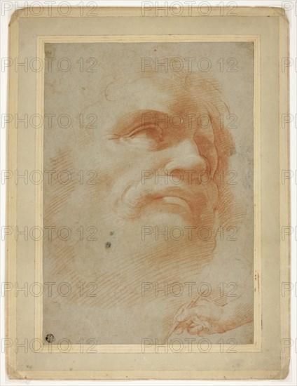 Male Head and Sketch of Right Hand Holding Stylus, 1520/24, After Antonio Allegri, called Correggio, Italian, 1489?-1534, Italy, Red chalk on blue laid paper, laid down on cream laid card, 352 x 247 mm