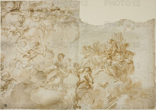 Female Figures with Putti in Clouds, n.d., Possibly Gregorio de’ Ferrari (Italian, 1644-1726), or Domenico Piola (Italian, 1627-1703), or Antonio Allegri, called Correggio (Italian, c. 1489-1534), or Franz Anton Maulbertsch (Austrian, 1724-1796), Italy, Pen and brown ink, with brush and brown wash and black chalk, on ivory laid paper, 357 x 505 mm