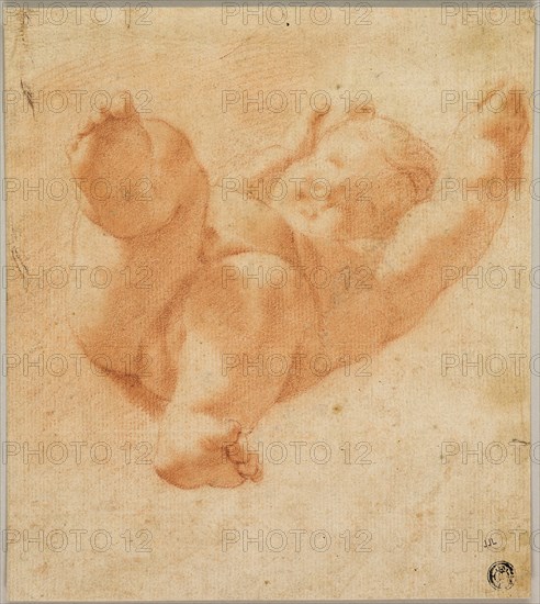 Foreshortened Putto, 1522/30, After Antonio Allegri, called Correggio, Italian, 1489-1534, Italy, Red chalk on buff laid paper, laid down on buff laid paper, 210 x 188 mm