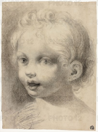 Child’s Head (Recto) Nude Male Figure (Verso), n.d., After Antonio Allegri, called Correggio, Italian, 1489-1534, Italy, Black chalk heightened with white chalk, on ivory laid paper, laid down on cream wove paper, 316 x 234 mm (max.)