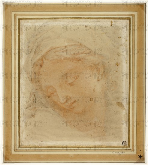 Woman’s Head, n.d., Attributed to Giovanni Battista Vanni (Italian, 1599-1660), after Antonio Allegri, called Correggio (Italian, c. 1494-1534), Italy, Red chalk with black chalk, on cream laid paper, laid down on ivory laid paper, 274 x 236 mm