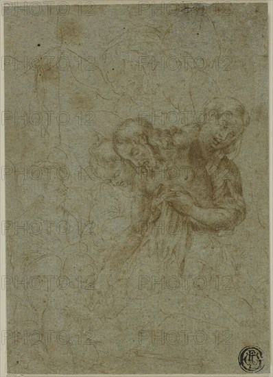 Dead Christ Supported by Holy Women and Angels, n.d., Circle of Lelio Orsi, Italian, 1508 or 1511–1587, Italy, Pen and brown ink on blue laid paper, laid down on ivory laid paper, 140 x 100 mm