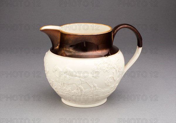 Pitcher, c. 1830, England, Staffordshire, Staffordshire, Earthenware with copper lustre decoration, 11 × 11.4 cm (4 5/16 × 4 1/2 in.)