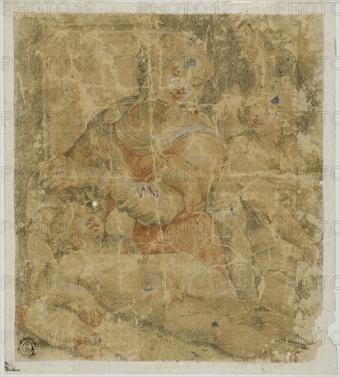 Virgin and Child with Angel, n.d., After Sebastiano del Piombo, Italian, c. 1485-1547, Italy, Black chalk with red chalk, heightened with lead white (partially oxidized), on tan laid paper laid down on ivory laid card, 169 x 150 mm