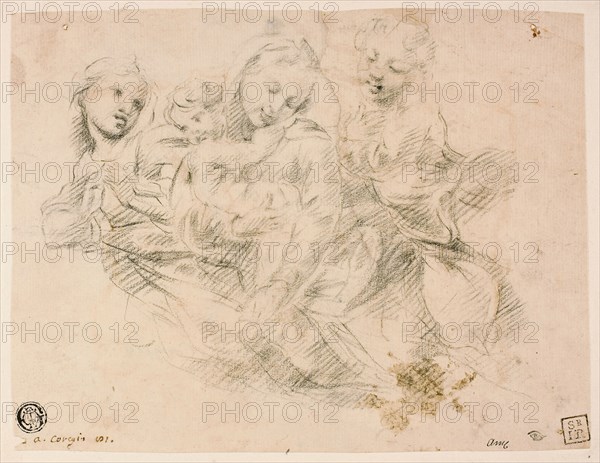 Madonna and Child with Two Angels, c. 1752, Attributed to Sir Joshua Reynolds (English, 1723-1792), or after Antonio Allegri, called Correggio (Italian, c. 1489-1534), Italy, Black chalk on ivory laid paper, laid down on ivory laid paper, 145 x 189 mm