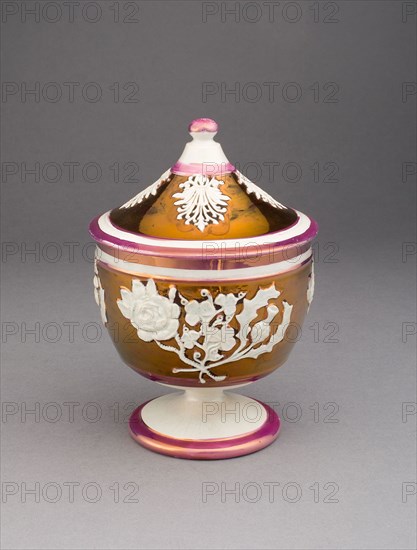 Sugar Bowl with Symbols of England, Ireland, and Scotland, c. 1830, England, Staffordshire, Staffordshire, Earthenware with copper lustre decoration, H. 15.2 cm (6 in.), diam. 10.6 cm (4 3/16 in.)