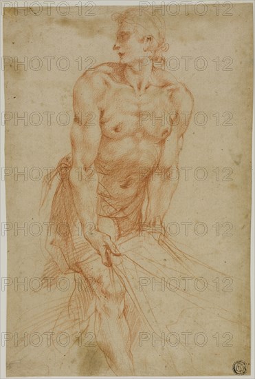 Man Tugging on Sheet: Study for the Entombment [Sacristy of the Certosa di San Martino, Naples, 1596], 1595/96, Giuseppe Cesari, called Il Cavalier d’Arpino, Italian, 1568-1640, Italy, Red chalk on tan laid paper, laid down on card, 248 x 167 mm (max.)