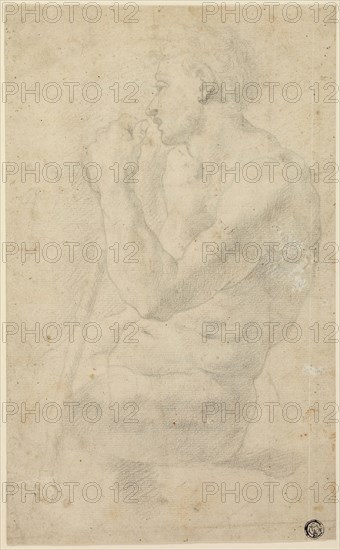 Academic Male Nude, c. 1570, Circle of Agnolo Bronzino, Italian, 1503-1572, Italy, Black chalk on cream laid paper, 281 x 174 mm