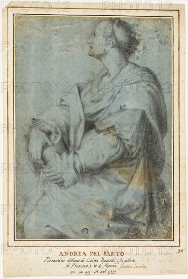 Saint Mary Magdalene, 1600/25, After Andrea del Sarto, Italian, 1486-1530, Italy, Black chalk on cream laid paper, prepared with blue wash, laid down on ivory laid paper, 285 x 200 mm (max.)