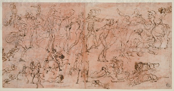 Studies of Warriors, Horsemen, and Lions (recto), Studies of Heads and Nude Figures, Ceiling Plan, and Inscriptions (verso), 1528/33, Pietro Buonaccorsi, called Perino del Vaga, Italian, 1501-1547, Italy, Pen and iron gall ink (recto) and pen and black and brown ink (verso), on ivory laid paper, prepared with a red chalk wash, 199 x 385 mm