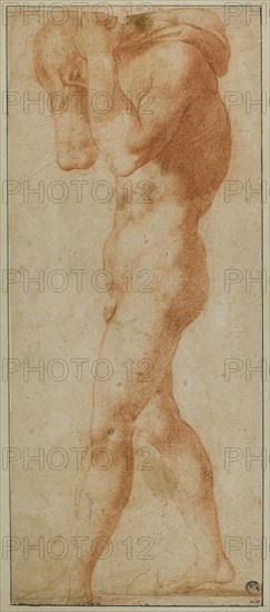 Male Nude Walking to Left, Carrying Burden on His Shoulders, n.d., Possibly after Rosso Fiorentino, Italian, 1494-1540, Italy, Red chalk on buff laid paper, laid down on gray laid card, 420 x 178 mm (max.)