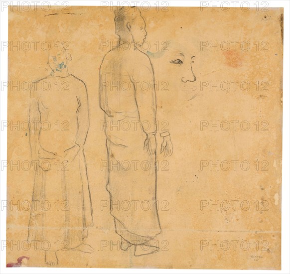 Two Figures (related to the painting Tahitian Landscape), 1891/93, Paul Gauguin, French, 1848-1903, France, Black chalk, with touches of watercolor and watercolor offset on cream wove paper, 352 × 369 mm