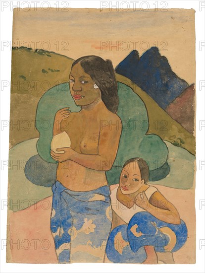 Two Tahitian Women in a Landscape, c. 1892, Paul Gauguin, French, 1848-1903, France, Monotype matrix in watercolor and gouache, with brush and green ink, over traces of graphite, on cream Japanese paper, laid down on tan wove paper (partially removed), 322 × 238 mm