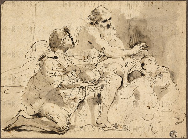 Study for Jacob Blessing the Sons of Joseph (recto), Sketches: Saint Christopher, Two Figures in Conversation over Money (verso), c. 1620, Giovanni Francesco Barbieri, called Guercino, Italian, 1591-1666, Italy, Pen and brown ink, with brush and gray and brown wash (recto) and pen and brown ink and graphite (verso), on cream laid paper, 181 x 245 mm