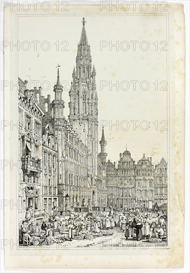 Hotel de Ville, Brussells, 1833, Samuel Prout (English, 1783-1852), probably printed by Charles Joseph Hullmandel (English, 1789-1850), probably published by Rudolph Ackermann (English, 1764-1834), England, Lithograph in black on grayish-ivory chine, laid down on ivory wove paper, 290 × 425 mm (image), 310 × 445 mm (primary support), 345 × 500 mm (secondary support)