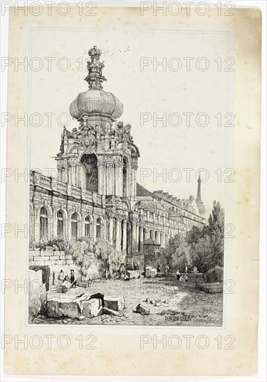Dresden, 1833, Samuel Prout (English, 1783-1852), probably printed by Charles Joseph Hullmandel (English, 1789-1850), probably published by Rudolph Ackermann (English, 1764-1834), England, Lithograph in black on grayish-ivory chine, laid down on ivory wove paper, 290 × 425 mm (image), 310 × 445 mm (primary support), 345 × 500 mm (secondary support)