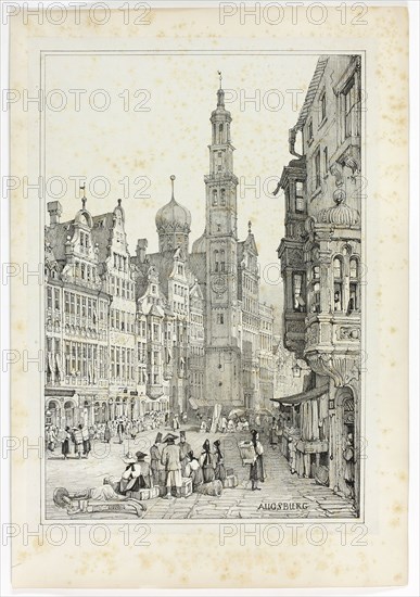 Augsburg, 1833, Samuel Prout (English, 1783-1852), probably printed by Charles Joseph Hullmandel (English, 1789-1850), probably published by Rudolph Ackermann (English, 1764-1834), England, Lithograph in black on grayish-ivory chine, laid down on ivory wove paper, 290 × 425 mm (image), 310 × 445 mm (primary support), 345 × 500 mm (secondary support)