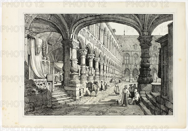 Palais du Prince, Liège, 1833, Samuel Prout (English, 1783-1852), probably printed by Charles Joseph Hullmandel (English, 1789-1850), probably published by Rudolph Ackermann (English, 1764-1834), England, Lithograph in black on grayish-ivory chine, laid down on ivory wove paper, 290 × 425 mm (image), 310 × 445 mm (primary support), 345 × 500 mm (secondary support)