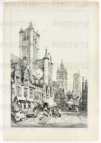 Ghent, 1833, Samuel Prout (English, 1783-1852), probably printed by Charles Joseph Hullmandel (English, 1789-1850), probably published by Rudolph Ackermann (English, 1764-1834), England, Lithograph in black on grayish-ivory chine, laid down on ivory wove paper, 290 × 425 mm (image), 310 × 445 mm (primary support), 345 × 500 mm (secondary support)