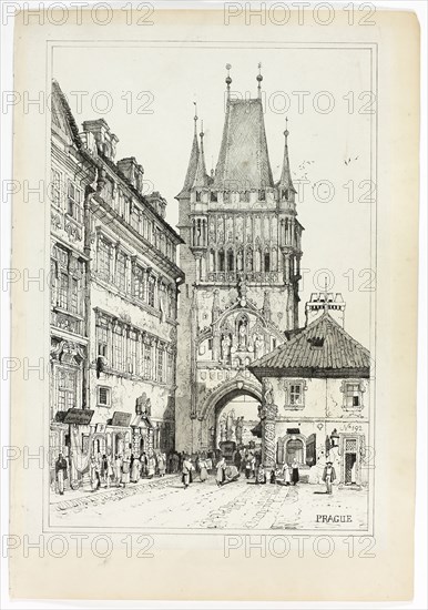 Prague, 1833, Samuel Prout (English, 1783-1852), probably printed by Charles Joseph Hullmandel (English, 1789-1850), probably published by Rudolph Ackermann (English, 1764-1834), England, Lithograph in black on grayish-ivory chine, laid down on ivory wove paper, 290 × 425 mm (image), 310 × 445 mm (primary support), 345 × 500 mm (secondary support)