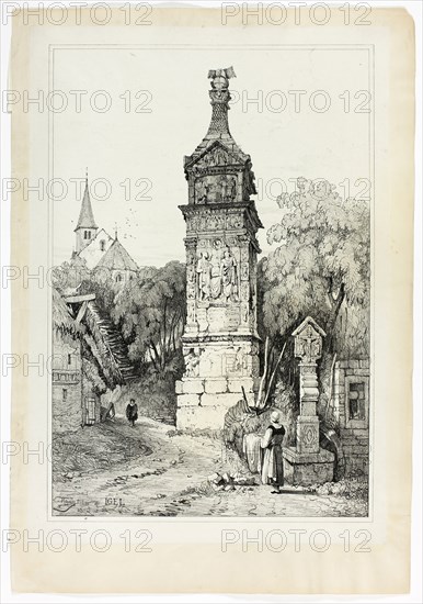 Roman Pillar at Igel, 1833, Samuel Prout (English, 1783-1852), probably printed by Charles Joseph Hullmandel (English, 1789-1850), probably published by Rudolph Ackermann (English, 1764-1834), England, Lithograph in black on grayish-ivory chine, laid down on ivory wove paper, 290 × 425 mm (image), 310 × 445 mm (primary support), 345 × 500 mm (secondary support)