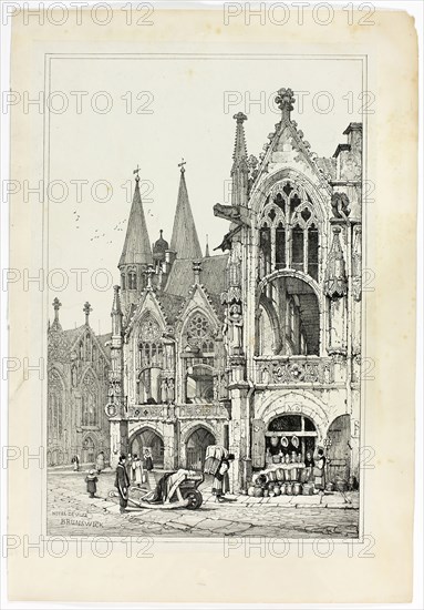 Hotel de Ville, Brunswick, 1833, Samuel Prout (English, 1783-1852), probably printed by Charles Joseph Hullmandel (English, 1789-1850), probably published by Rudolph Ackermann (English, 1764-1834), England, Lithograph in black on grayish-ivory chine, laid down on ivory wove paper, 290 × 425 mm (image), 310 × 445 mm (primary support), 345 × 500 mm (secondary support)