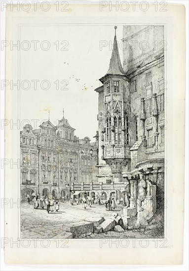Hotel de Ville, Prague, 1833, Samuel Prout (English, 1783-1852), probably printed by Charles Joseph Hullmandel (English, 1789-1850), probably published by Rudolph Ackermann (English, 1764-1834), England, Lithograph in black on grayish-ivory chine, laid down on ivory wove paper, 290 × 425 mm (image), 310 × 445 mm (primary support), 345 × 500 mm (secondary support)