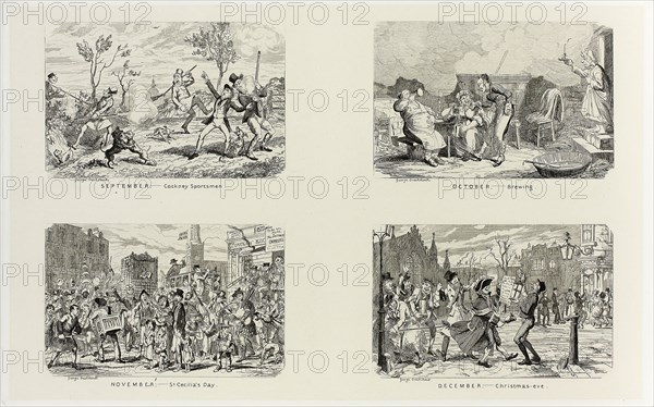 September – Cockney Sportsmen from George Cruikshank’s Steel Etchings to The Comic Almanacks: 1835-1853 (top left), 1837, printed c. 1880, George Cruikshank (English, 1792-1878), published by Pickering & Chatto (English, 19th century), England, Four steel etchings in black on cream India paper, laid down on off-white card (chine collé), 207 × 331 mm (primary support), 341 × 508 mm (secondary support)