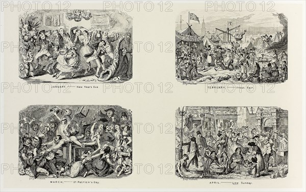 January – New Year’s Eve from George Cruikshank’s Steel Etchings to The Comic Almanacks: 1835-1853 (top left), 1838, printed c. 1880, George Cruikshank (English, 1792-1878), published by Pickering & Chatto (English, 19th century), England, Four steel etchings in black on cream India paper, laid down on off-white card (chine collé), 206 × 332 mm (primary support), 343 × 506 mm (secondary support)