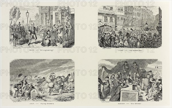 May – All A Growing! from George Cruikshank’s Steel Etchings to The Comic Almanacks: 1835-1853 (top left), 1838, printed c. 1880, George Cruikshank (English, 1792-1878), published by Pickering & Chatto (English, 19th century), England, Four steel etchings in black on cream India paper, laid down on off-white card (chine collé), 202 × 330 mm (primary support), 345 × 506 mm (secondary support)