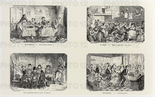 September – Michaelmas Gander from George Cruikshank’s Steel Etchings to The Comic Almanacks: 1835-1853 (top left), 1838, printed c. 1880, George Cruikshank (English, 1792-1878), published by Pickering & Chatto (English, 19th century), England, Four steel etchings in black on cream India paper, laid down on off-white card (chine collé), 207 × 334 mm (primary support), 346 × 508 mm (secondary support)