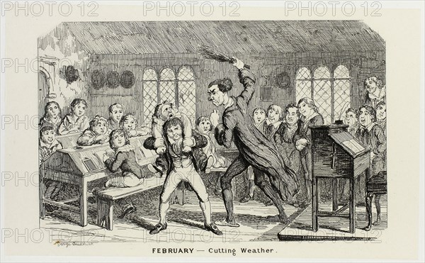 February, Cutting Weather from George Cruikshank’s Steel Etchings to The Comic Almanacks: 1835-1853, 1839, printed c. 1880, George Cruikshank (English, 1792-1878), published by Pickering & Chatto (English, 19th century), England, Steel etching in black on cream India paper, laid down on off-white card (chine collé), 93 × 153 mm (primary support), 223 × 285 mm (secondary support)