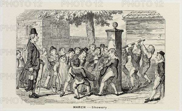 March, Showery from George Cruikshank’s Steel Etchings to The Comic Almanacks: 1835-1853, 1839, printed c. 1880, George Cruikshank (English, 1792-1878), published by Pickering & Chatto (English, 19th century), England, Steel etching in black on cream India paper, laid down on off-white card (chine collé), 93 × 154 mm (primary support), 222 × 282 mm (secondary support)
