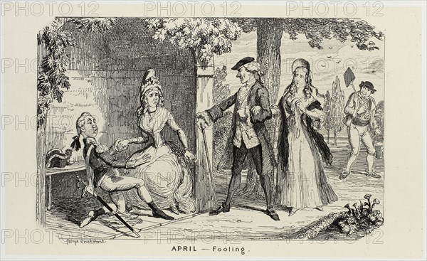 April, Fooling from George Cruikshank’s Steel Etchings to The Comic Almanacks: 1835-1853, 1839, printed c. 1880, George Cruikshank (English, 1792-1878), published by Pickering & Chatto (English, 19th century), England, Steel etching in black on cream India paper, laid down on off-white card (chine collé), 93 × 155 mm (primary support), 222 × 286 mm (secondary support)