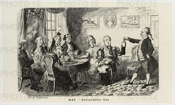 May, Restoration Day from George Cruikshank’s Steel Etchings to The Comic Almanacks: 1835-1853, 1839, printed c. 1880, George Cruikshank (English, 1792-1878), published by Pickering & Chatto (English, 19th century), England, Steel etching in black on cream India paper, laid down on off-white card (chine collé), 93 × 156 mm (primary support), 222 × 286 mm (secondary support)