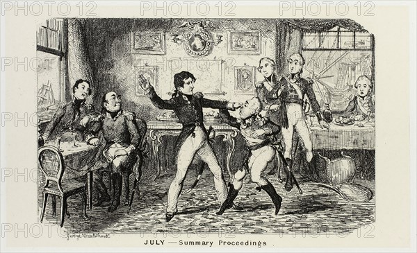 July, Summary Proceedings from George Cruikshank’s Steel Etchings to The Comic Almanacks: 1835-1853, 1839, printed c. 1880, George Cruikshank (English, 1792-1878), published by Pickering & Chatto (English, 19th century), England, Steel etching in black on cream India paper, laid down on off-white card (chine collé), 92 × 154 mm (primary support), 222 × 284 mm (secondary support)