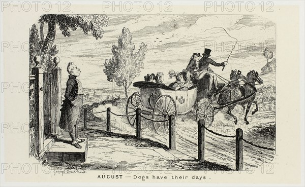 August, Dogs Have Their Days from George Cruikshank’s Steel Etchings to The Comic Almanacks: 1835-1853, 1839, printed c. 1880, George Cruikshank (English, 1792-1878), published by Pickering & Chatto (English, 19th century), England, Steel etching in black on cream India paper, laid down on off-white card (chine collé), 93 × 155 mm (primary support), 223 × 287 mm (secondary support)