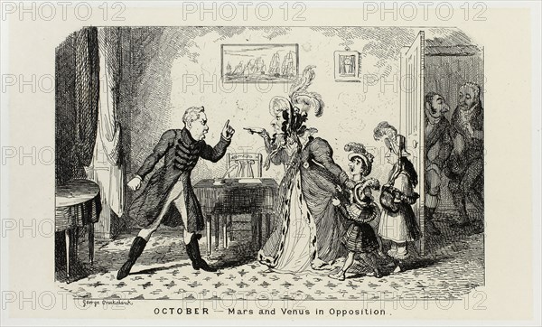 October, Mars and Venus in Opposition from George Cruikshank’s Steel Etchings to The Comic Almanacks: 1835-1853, 1839, printed c. 1880, George Cruikshank (English, 1792-1878), published by Pickering & Chatto (English, 19th century), England, Steel etching in black on cream India paper, laid down on off-white card (chine collé), 93 × 156 mm (primary support), 222 × 284 mm (secondary support)