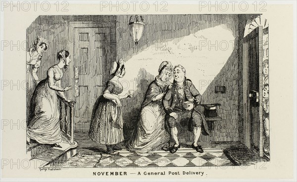November, A General Post Delivery in Opposition from George Cruikshank’s Steel Etchings to The Comic Almanacks: 1835-1853, 1839, printed c. 1880, George Cruikshank (English, 1792-1878), published by Pickering & Chatto (English, 19th century), England, Steel etching in black on cream India paper, laid down on off-white card (chine collé), 93 × 156 mm (primary support), 222 × 284 mm (secondary support)