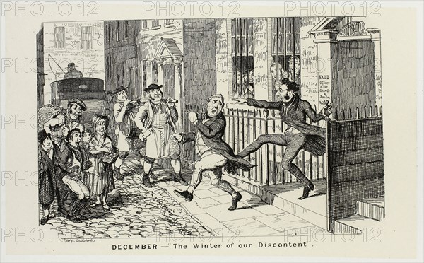 December, The Winter of Our Discontent from George Cruikshank’s Steel Etchings to The Comic Almanacks: 1835-1853, 1839, printed c. 1880, George Cruikshank (English, 1792-1878), published by Pickering & Chatto (English, 19th century), England, Steel etching in black on cream India paper, laid down on off-white card (chine collé), 93 × 156 mm (primary support), 222 × 284 mm (secondary support)
