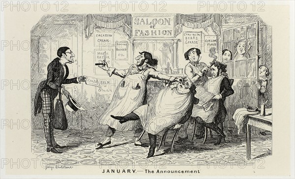 January, The Announcement from George Cruikshank’s Steel Etchings to The Comic Almanacks: 1835-1853, 1840, printed c. 1880, George Cruikshank (English, 1792-1878), published by Pickering & Chatto (English, 19th century), England, Steel etching in black on cream India paper, laid down on off-white card (chine collé), 93 × 155 mm (primary support), 223 × 285 mm (secondary support)