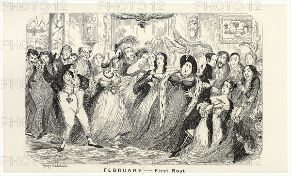February, First Rout from George Cruikshank’s Steel Etchings to The Comic Almanacks: 1835-1853, 1840, printed c. 1880, George Cruikshank (English, 1792-1878), published by Pickering & Chatto (English, 19th century), England, Steel etching in black on cream India paper, laid down on off-white card (chine collé), 93 × 155 mm (primary support), 223 × 284 mm (secondary support)
