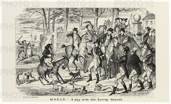 March, A Day With the Surrey Hounds from George Cruikshank’s Steel Etchings to The Comic Almanacks: 1835-1853, 1840, printed c. 1880, George Cruikshank (English, 1792-1878), published by Pickering & Chatto (English, 19th century), England, Steel etching in black on cream India paper, laid down on off-white card (chine collé), 93 × 155 mm (primary support), 223 × 283 mm (secondary support)